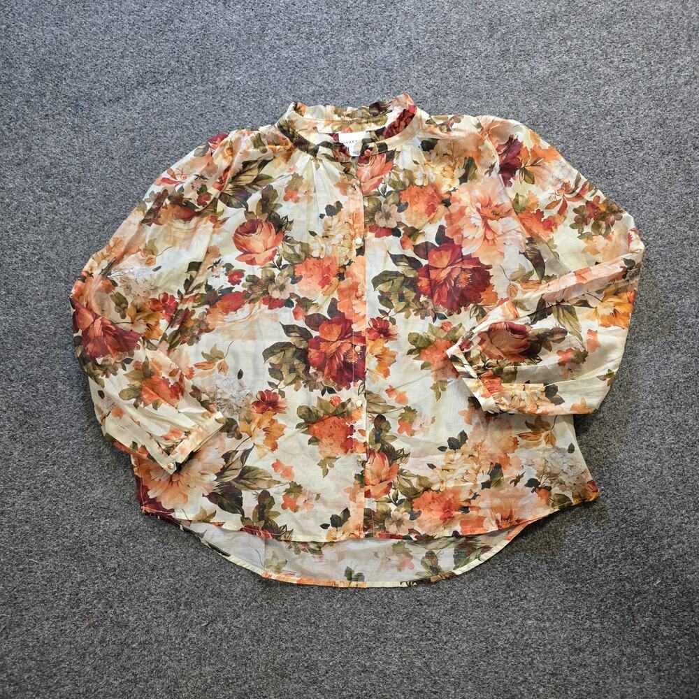 Bailey 44 Top Womens Size Large White Brown Floral Button High Neck Sheer Casual